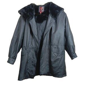 Vtg G-III Hooded Leather Jacket Womens 3X Black Faux Fur Lined Quilted Classic